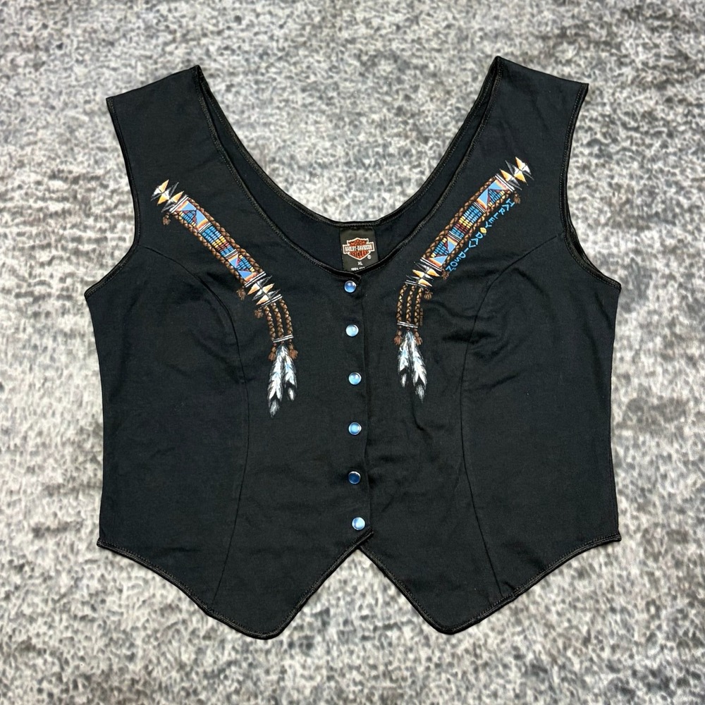 VTG 90s Harley Davidson Crop Button Vest Womens XL Black Western Aztec 1995